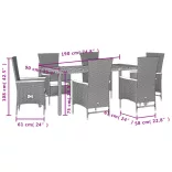 7 részes fekete polyrattan kerti étkezőgarnitúra párnával