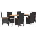 7 részes fekete polyrattan kerti étkezőgarnitúra párnával
