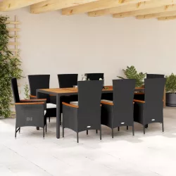   9 részes fekete polyrattan kerti étkezőgarnitúra párnákkal