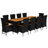 11 részes fekete polyrattan kerti étkezőgarnitúra párnákkal