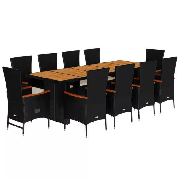 11 részes fekete polyrattan kerti étkezőgarnitúra párnákkal