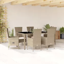   7 részes bézs polyrattan kerti étkezőgarnitúra párnákkal