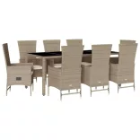 9 részes bézs polyrattan kerti étkezőgarnitúra párnákkal
