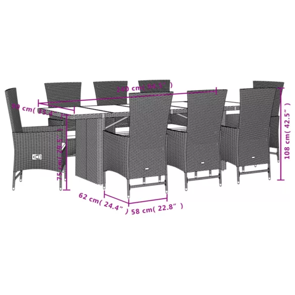 9 részes bézs polyrattan kerti étkezőgarnitúra párnákkal