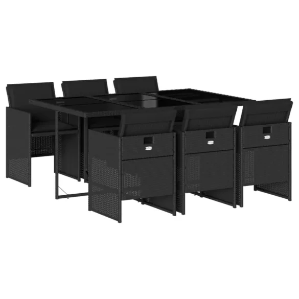 7 részes fekete polyrattan kerti étkezőgarnitúra párnával