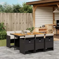   7 részes fekete polyrattan kerti étkezőgarnitúra párnával
