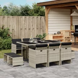   11 részes világosszürke polyrattan kerti ülőgarnitúra párnákkal
