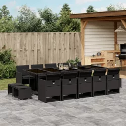   15 részes fekete polyrattan kerti étkezőgarnitúra párnákkal