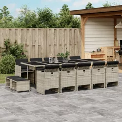   15 részes szürke polyrattan kerti étkezőgarnitúra párnákkal