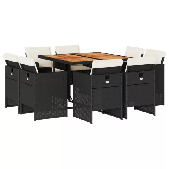 9 részes fekete polyrattan kerti étkezőgarnitúra párnákkal