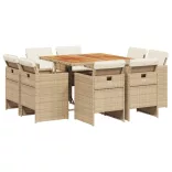9 részes bézs polyrattan kerti étkezőgarnitúra párnákkal