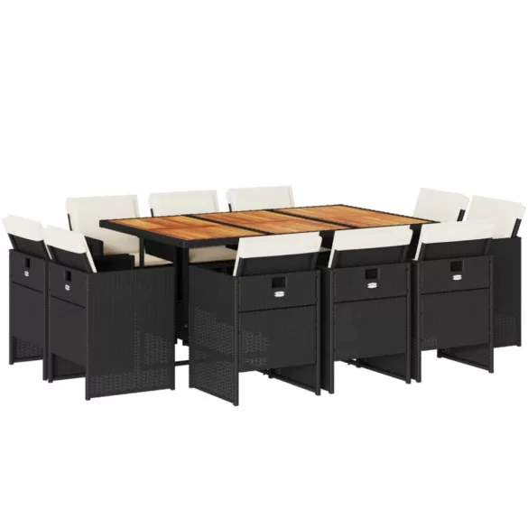 11 részes fekete polyrattan kerti étkezőgarnitúra párnákkal