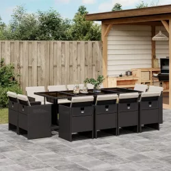   13 részes fekete polyrattan kerti ülőgarnitúra párnákkal