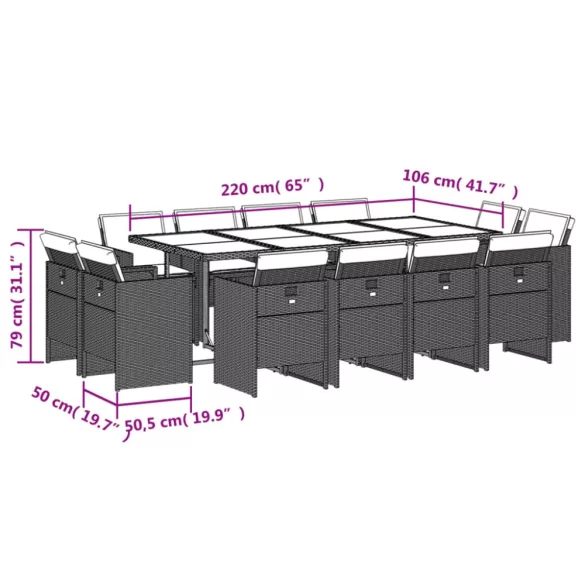 13 részes szürke polyrattan kerti étkezőgarnitúra párnákkal