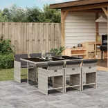 7 részes világosszürke polyrattan kerti étkezőszett párnával