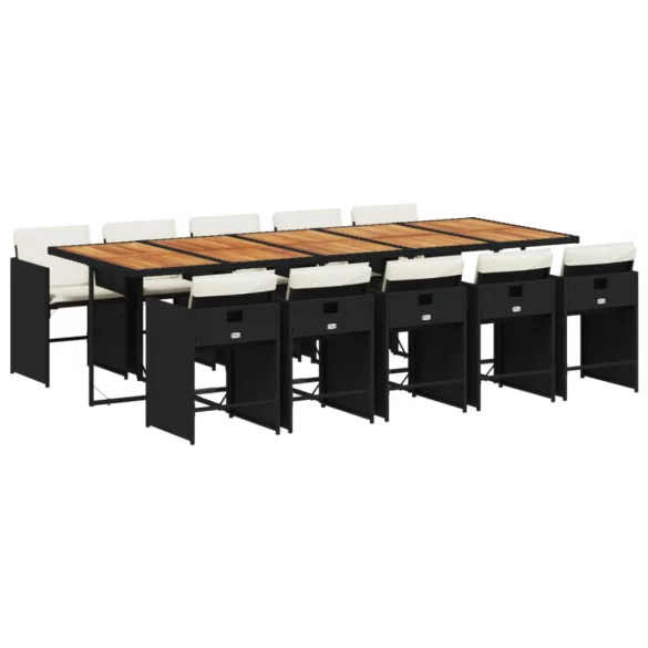 11 részes fekete polyrattan kerti étkezőgarnitúra párnákkal