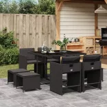 9 részes fekete polyrattan kerti étkezőgarnitúra párnákkal