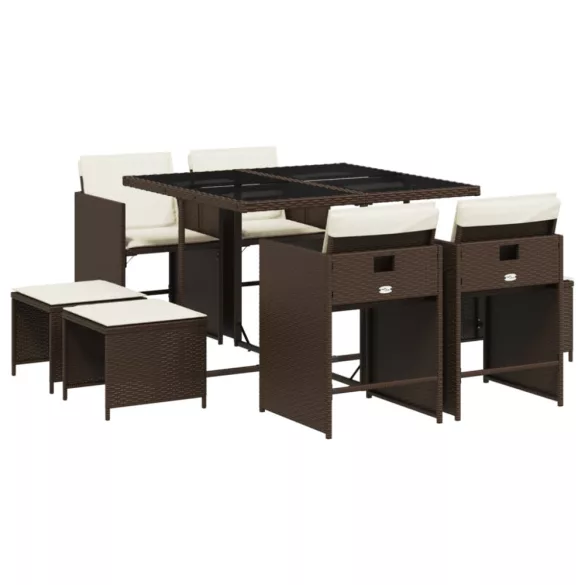 9 részes barna polyrattan kerti étkezőgarnitúra párnákkal