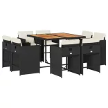 9 részes fekete polyrattan kerti étkezőgarnitúra párnákkal
