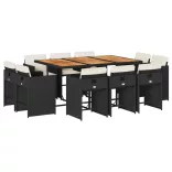 11 részes fekete polyrattan kerti étkezőgarnitúra párnákkal