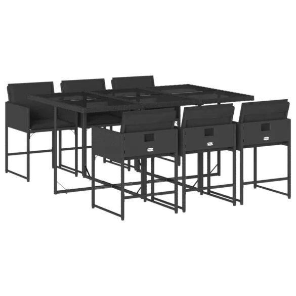 7 részes fekete polyrattan kerti étkezőgarnitúra párnával