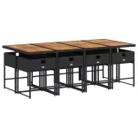 9 részes fekete polyrattan kerti étkezőgarnitúra párnákkal