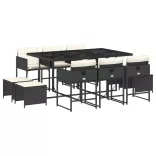 11 részes fekete polyrattan kerti étkezőgarnitúra párnákkal