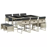 11 részes világosszürke polyrattan kerti ülőgarnitúra párnákkal
