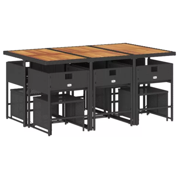 11 részes fekete polyrattan kerti étkezőgarnitúra párnákkal