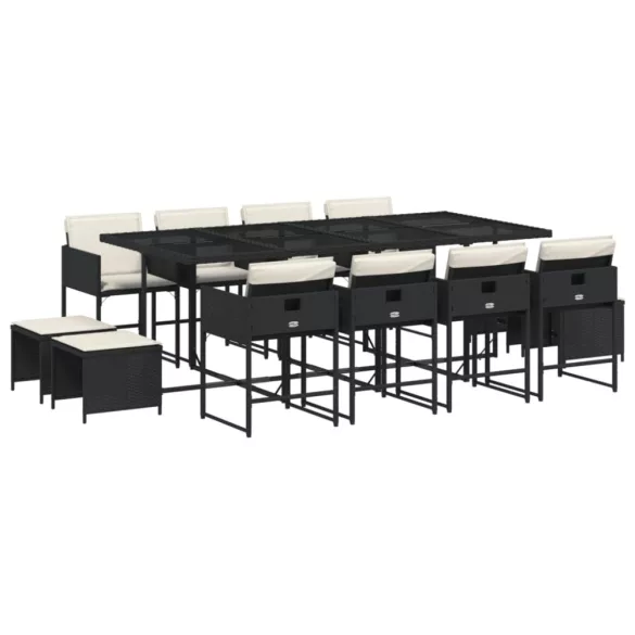13 részes fekete polyrattan kerti ülőgarnitúra párnákkal