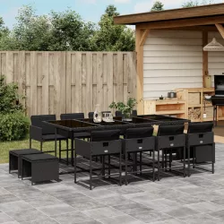   13 részes fekete polyrattan kerti ülőgarnitúra párnákkal