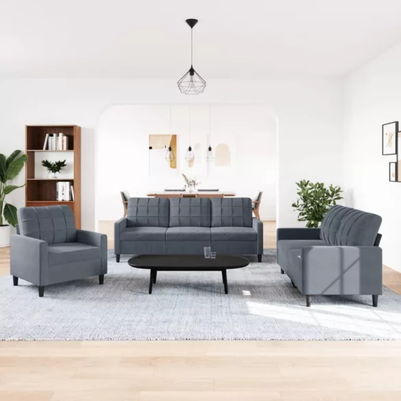 3 részes sötétszürke bársony ülőgarnitúra párnákkal