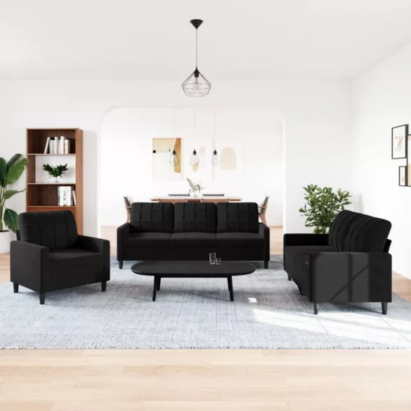 3 részes fekete bársony ülőgarnitúra párnákkal