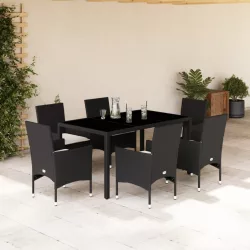   7 részes fekete polyrattan/üveg kerti étkezőgarnitúra párnával