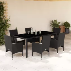   7 részes fekete polyrattan/üveg kerti étkezőgarnitúra párnával