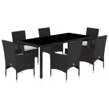 7 részes fekete polyrattan/üveg kerti étkezőgarnitúra párnával