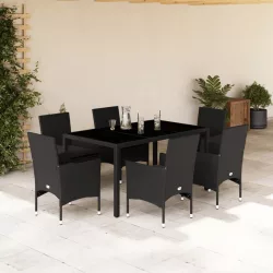   7 részes fekete polyrattan/üveg kerti étkezőgarnitúra párnával