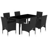 7 részes fekete polyrattan/üveg kerti étkezőgarnitúra párnával