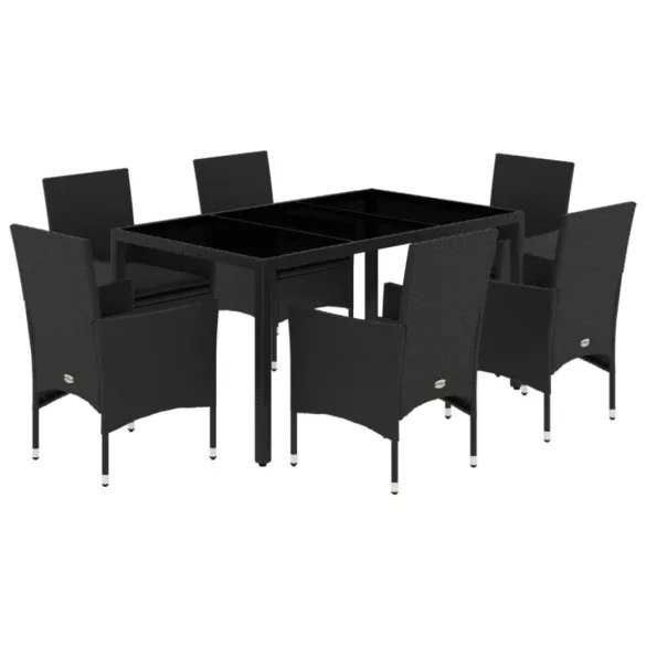7 részes fekete polyrattan/üveg kerti étkezőgarnitúra párnával