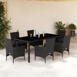   7 részes fekete polyrattan/üveg kerti étkezőgarnitúra párnával