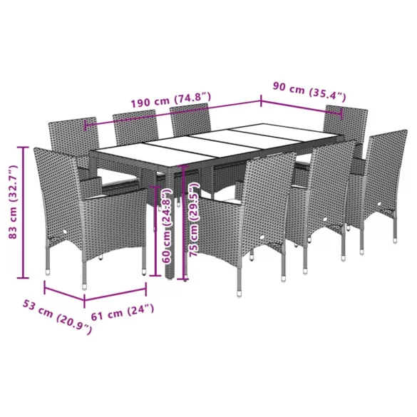 9 részes bézs polyrattan/üveg kerti étkezőgarnitúra párnákkal