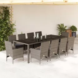   11 részes szürke polyrattan/üveg kerti ülőgarnitúra párnákkal