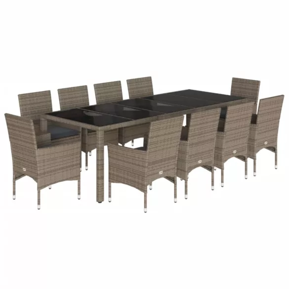 11 részes szürke polyrattan/üveg kerti ülőgarnitúra párnákkal