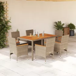   7 részes bézs polyrattan/akácfa kerti étkezőgarnitúra párnákkal