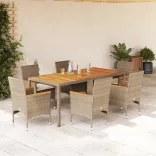 7 részes bézs polyrattan/akácfa kerti étkezőgarnitúra párnákkal