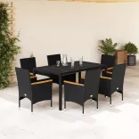 7 részes fekete polyrattan/üveg kerti étkezőgarnitúra párnával