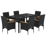 7 részes fekete polyrattan/üveg kerti étkezőgarnitúra párnával