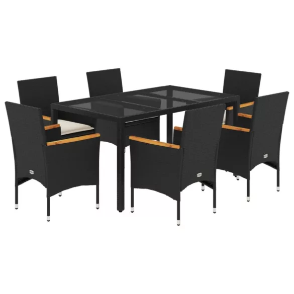 7 részes fekete polyrattan/üveg kerti étkezőgarnitúra párnával