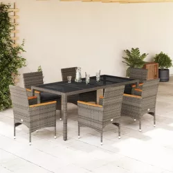   7 részes szürke polyrattan/üveg kerti étkezőgarnitúra párnával