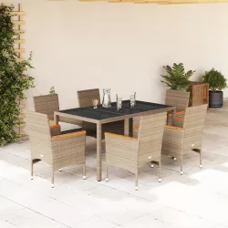   7 részes bézs polyrattan/üveg kerti étkezőgarnitúra párnákkal